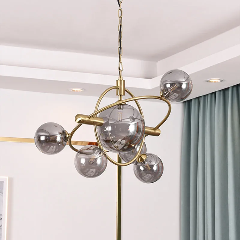 Contemporary Gold Pendant Light with Amber/Clear/Smoke Glass Sphere Shade - Perfect for Living Room