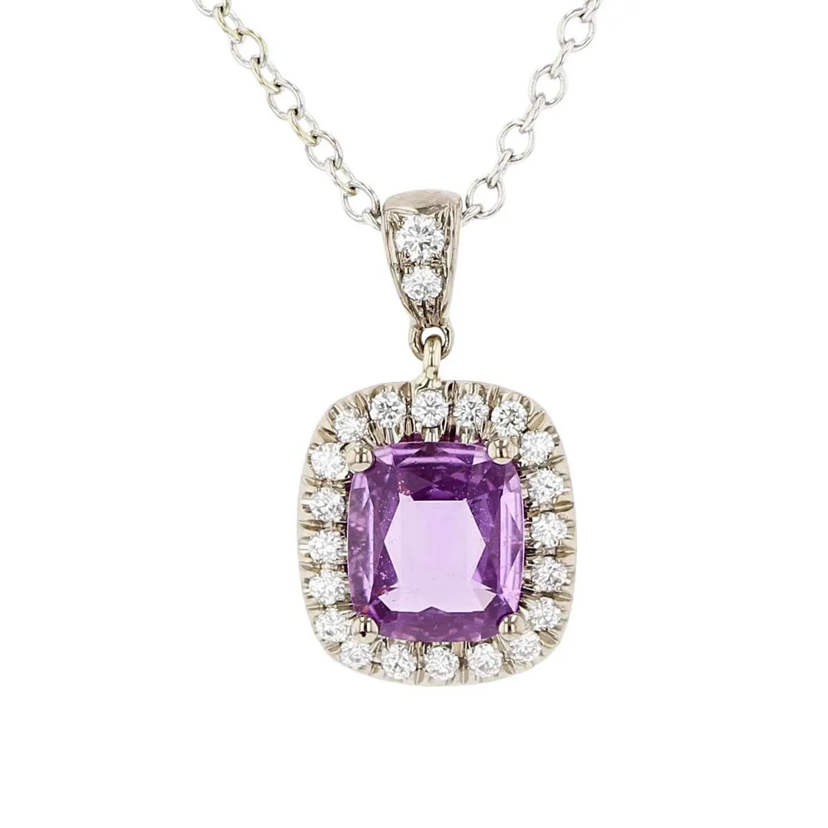 Cushion-cut Pink Sapphire and Diamond Halo Pendant