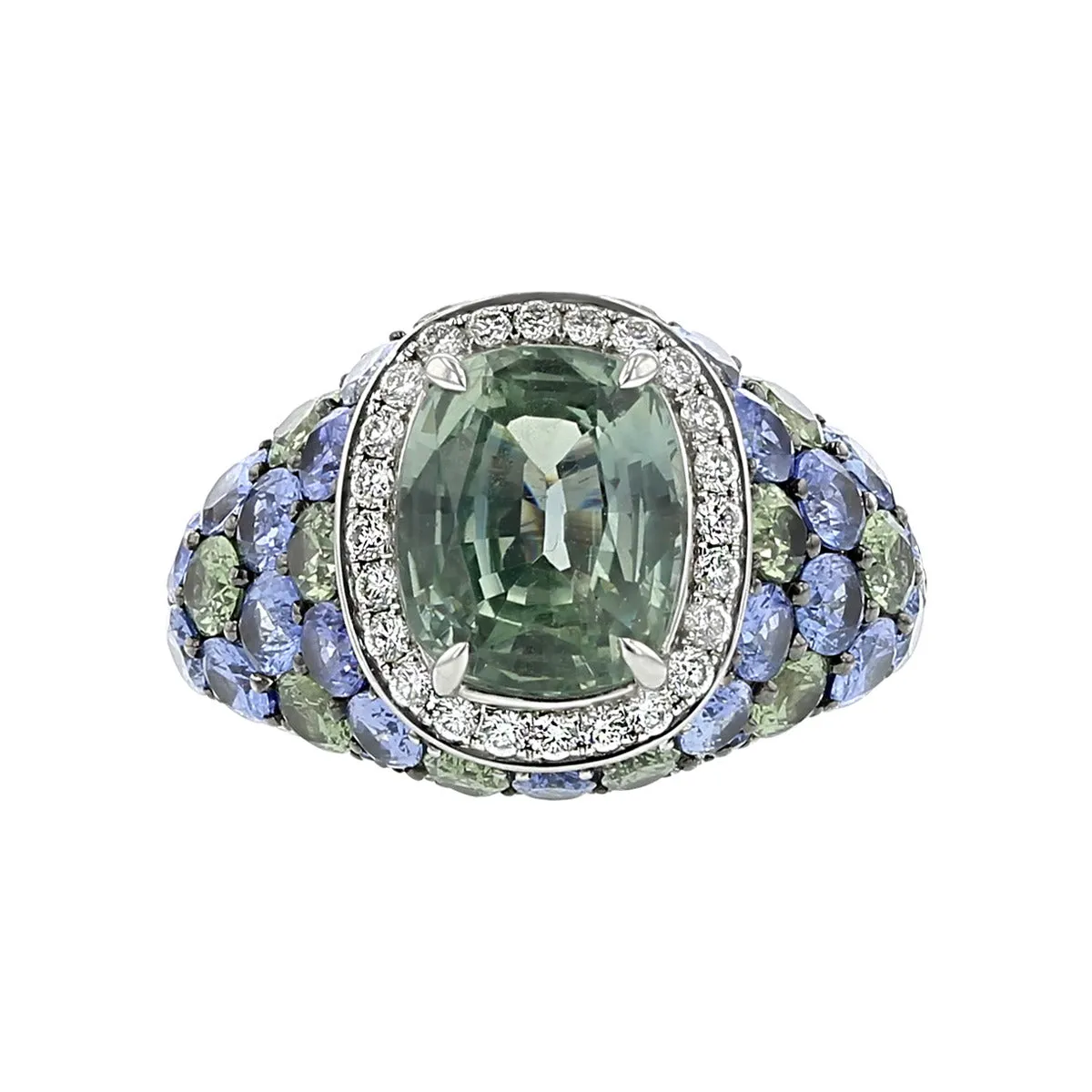 Cushion Green Blue Sapphire Celebration Ring