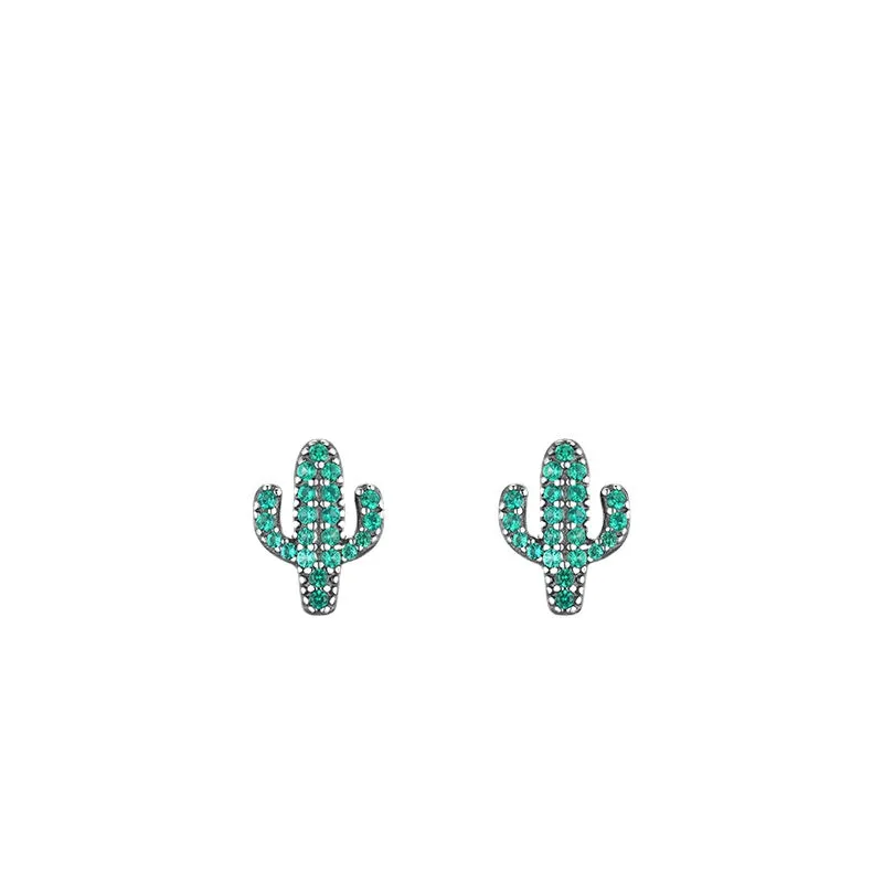 Cute Cactus Sterling Silver Earrings with Sparkling Zircon Gemstones