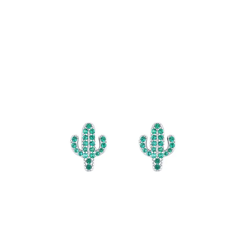 Cute Cactus Sterling Silver Earrings with Sparkling Zircon Gemstones