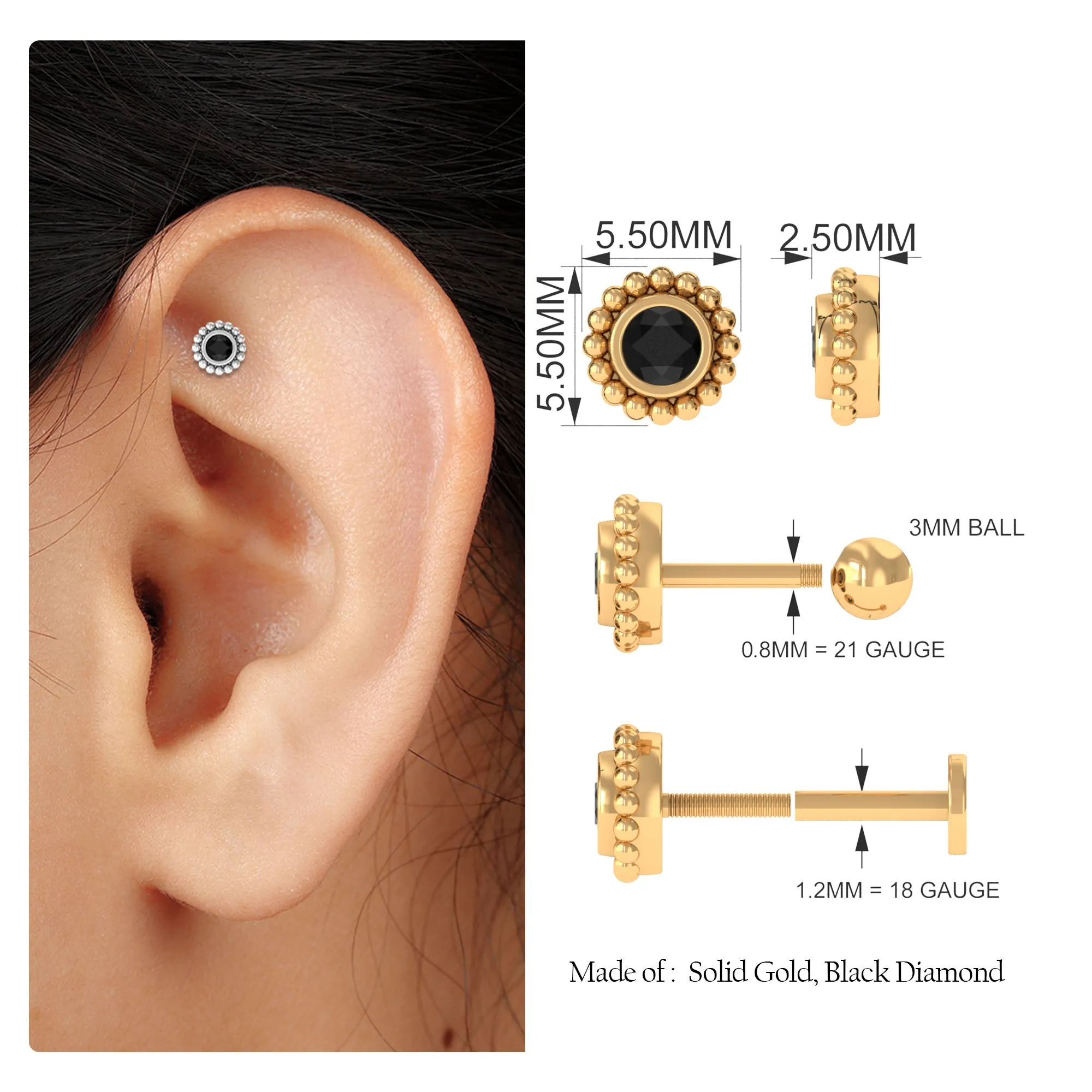 Dainty Black Diamond Beaded Solitaire Earring