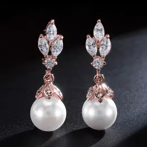 Delicate Cubic Zircon Leaf Dangle Earrings for Women Fashion Round Imitation Pearl Bridal Wedding Jewelry