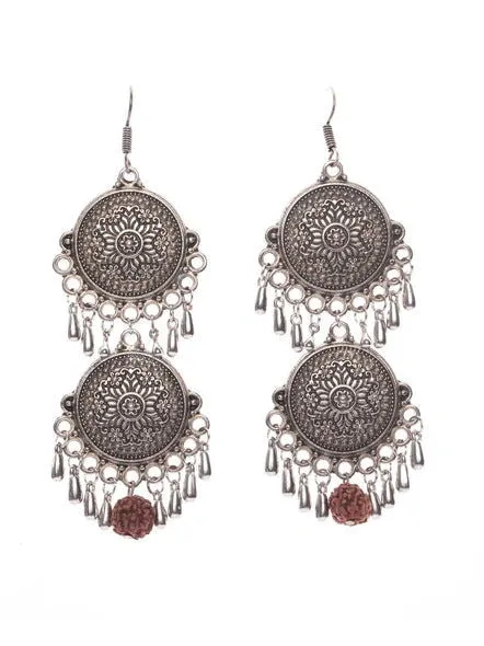 Designer German Silver Double Floral Dangler with Faux Rudraksh and Droplets Earrings