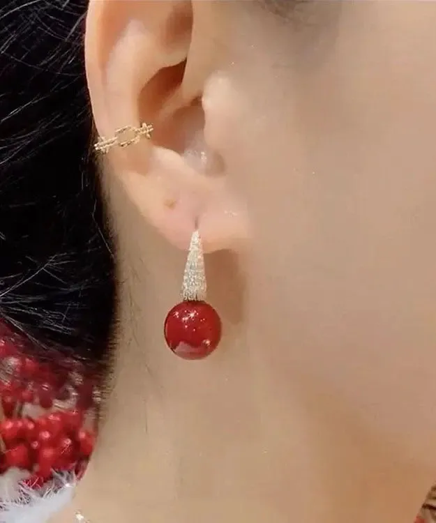 DIY Red Copper Overgild Zircon Pearl Drop Earrings LY8979