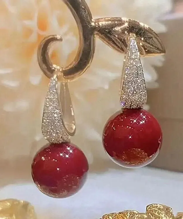 DIY Red Copper Overgild Zircon Pearl Drop Earrings LY8979