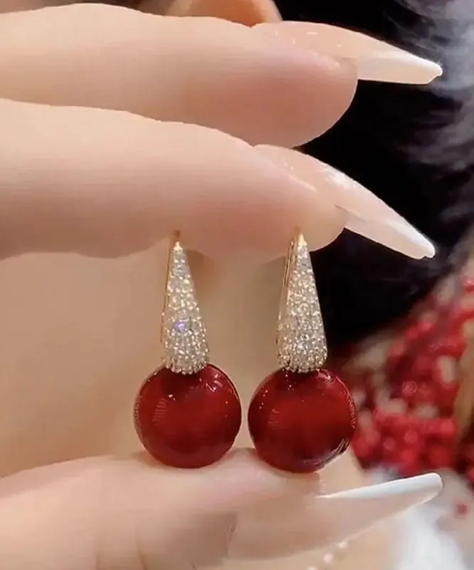 DIY Red Copper Overgild Zircon Pearl Drop Earrings LY8979