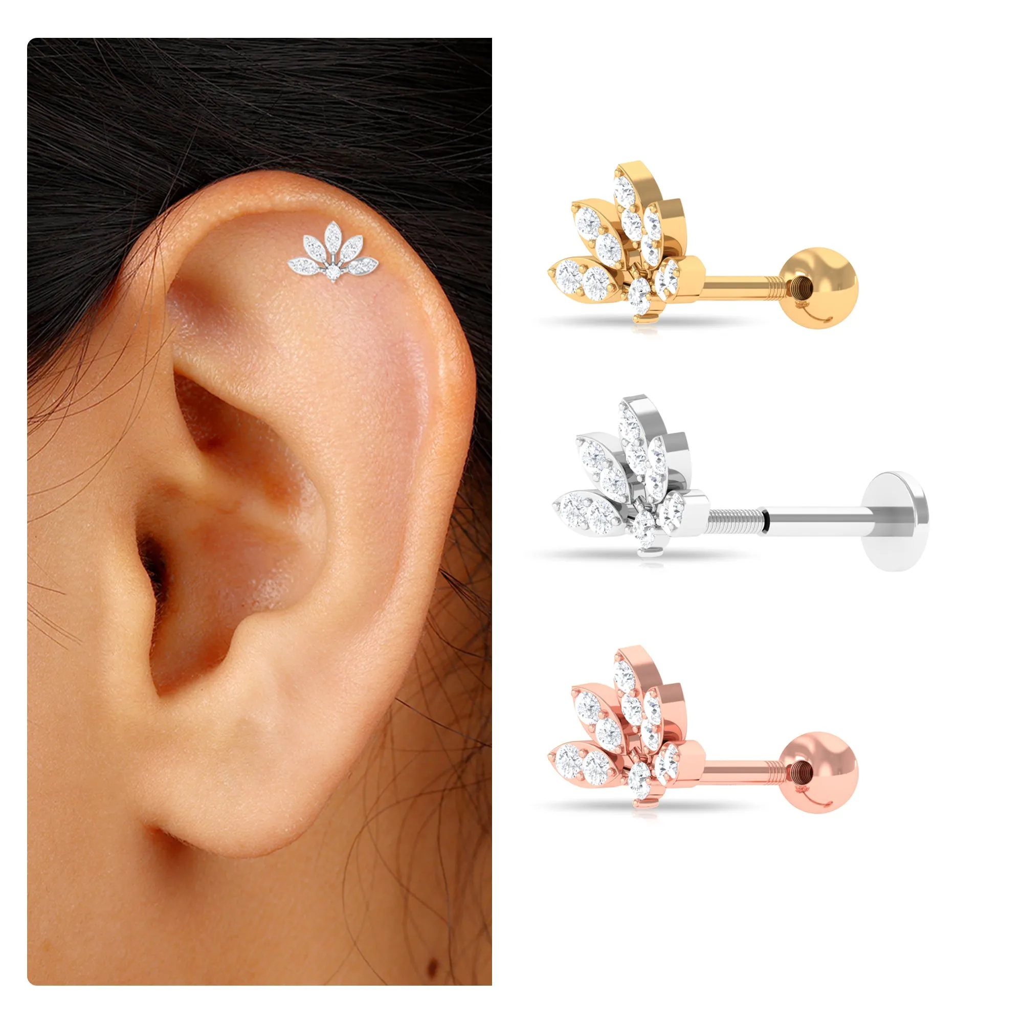 Elegant Moissanite Lotus Earring for Helix Piercing