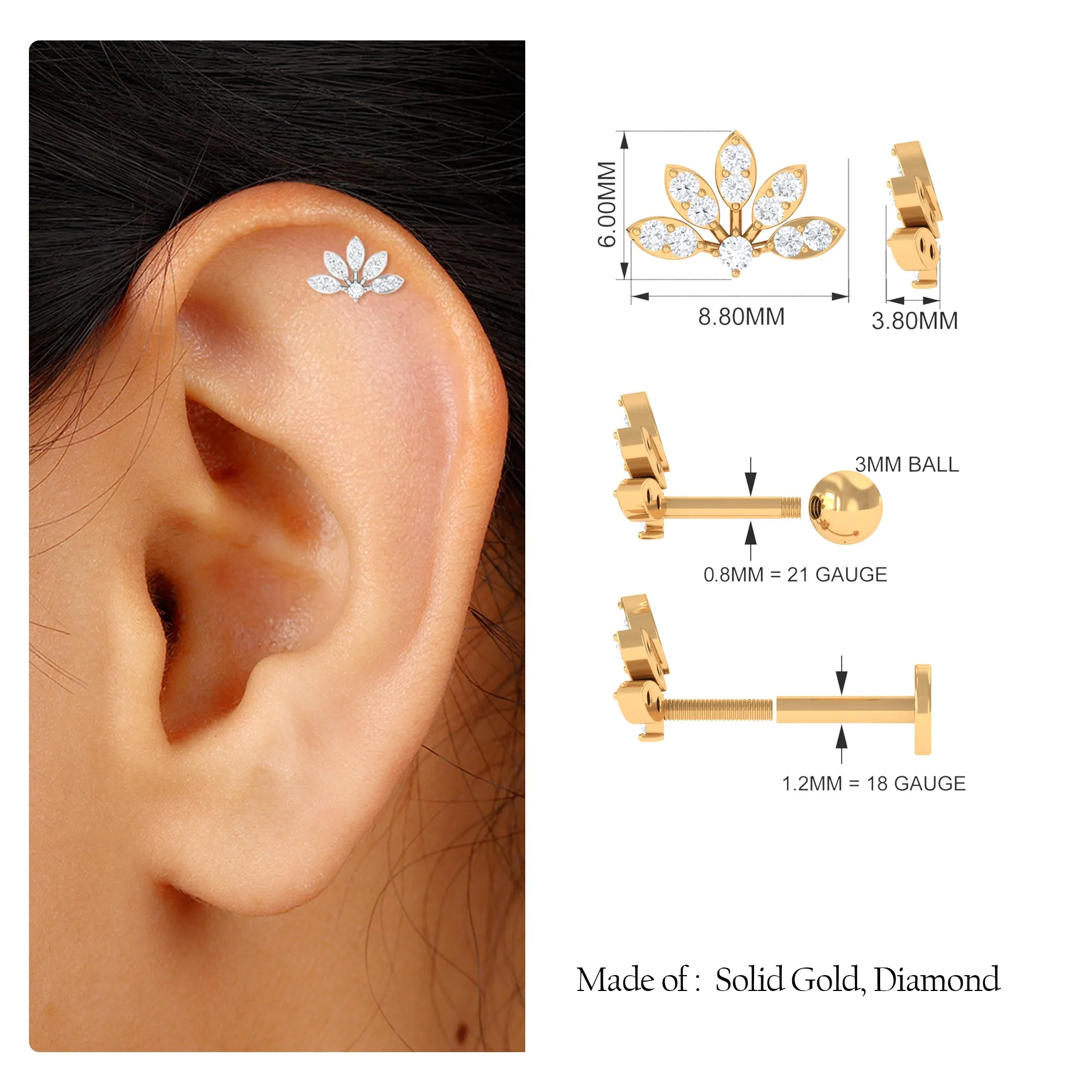 Elegant Moissanite Lotus Earring for Helix Piercing