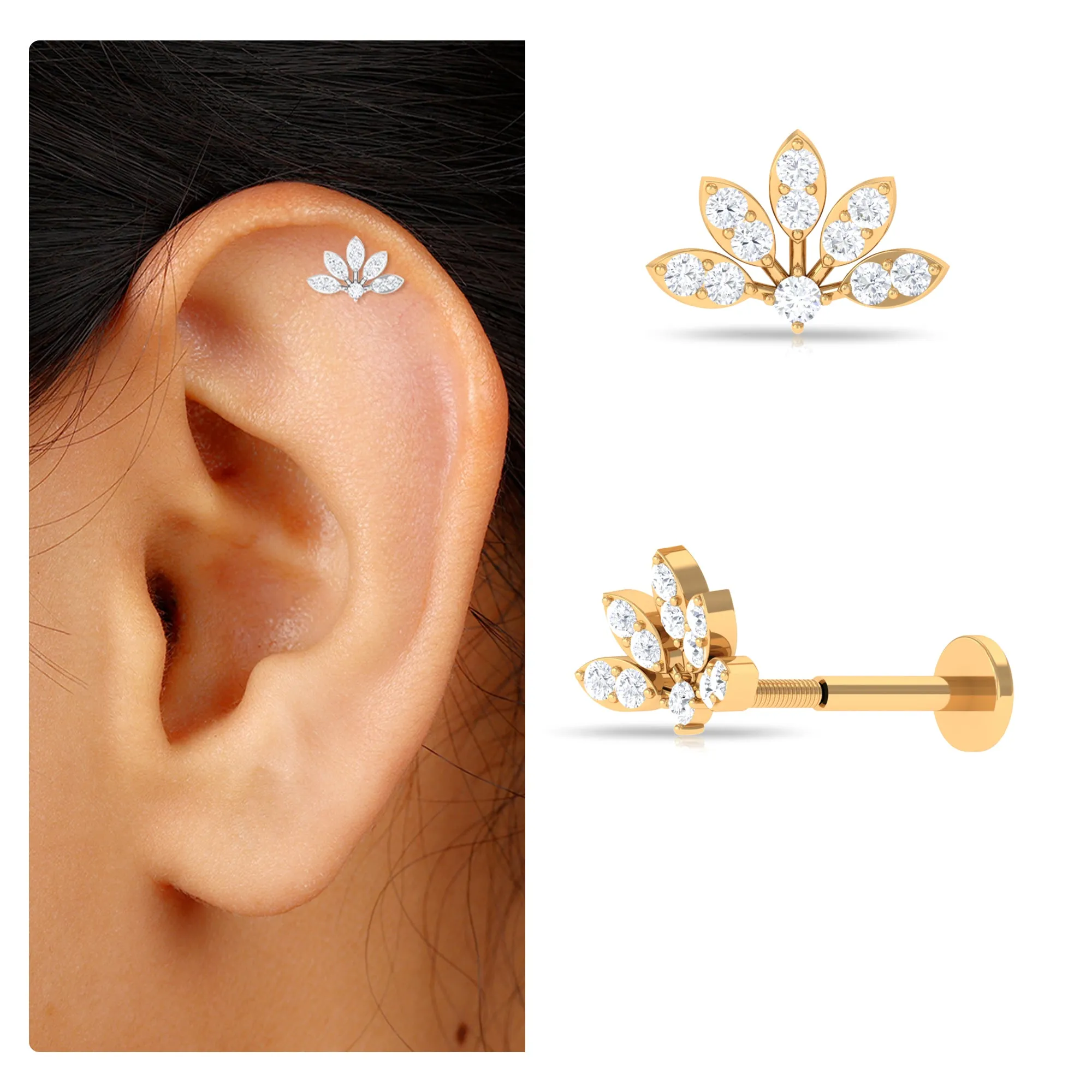 Elegant Moissanite Lotus Earring for Helix Piercing