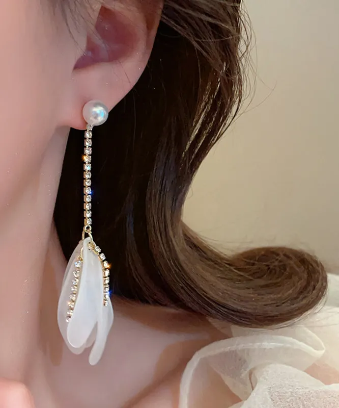 Elegant White Alloy Zircon Pearl Petal Tassel Drop Earrings QQ005