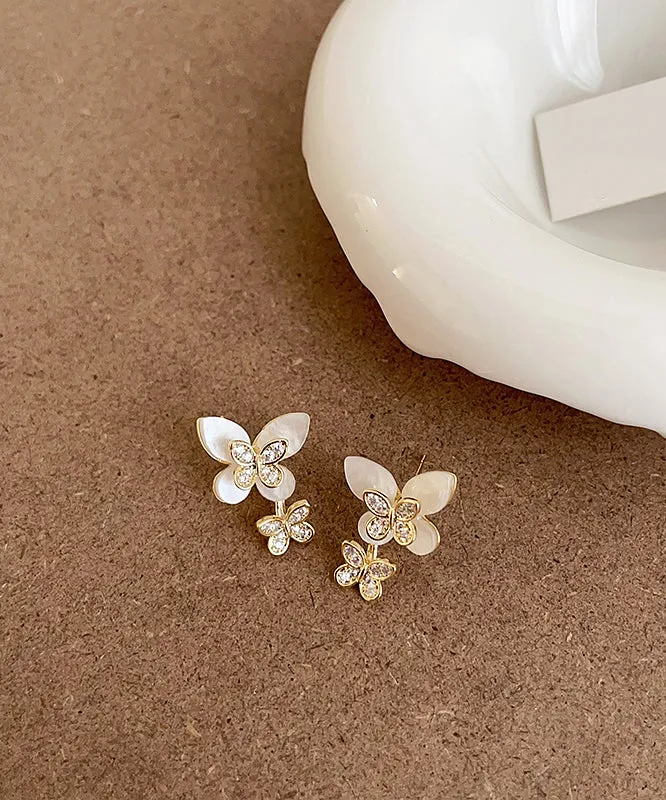 Elegant White Sterling Silver Overgild Zircon Floral Butterfly Stud Earrings QZ009