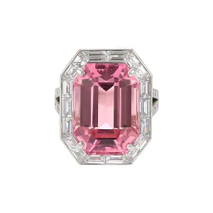 Emerald-cut Pink Tourmaline and Diamond Halo Ring