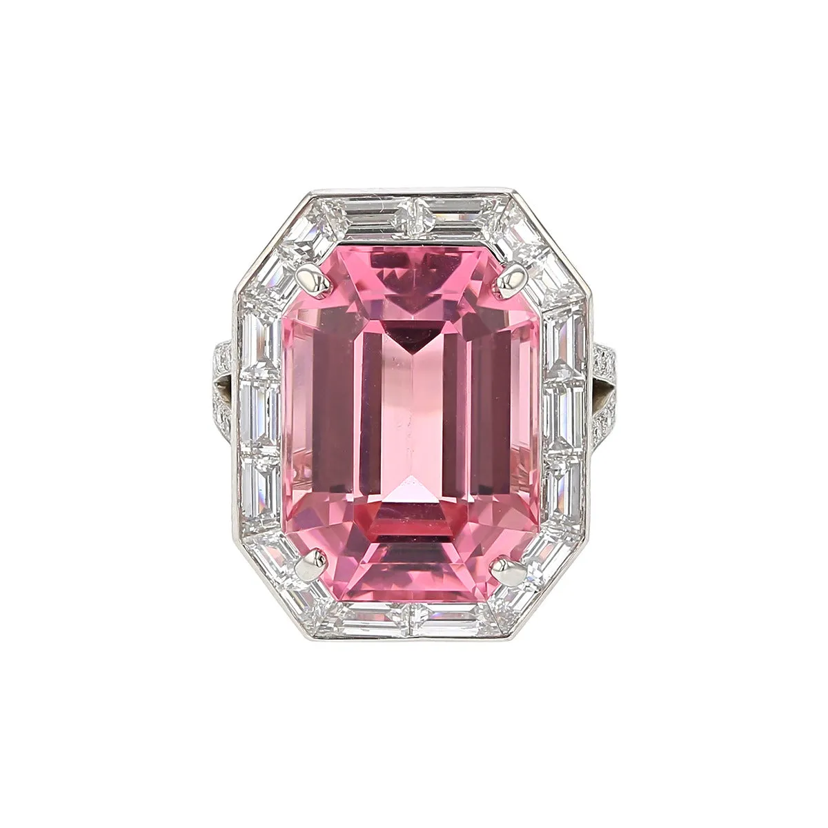 Emerald-cut Pink Tourmaline and Diamond Halo Ring