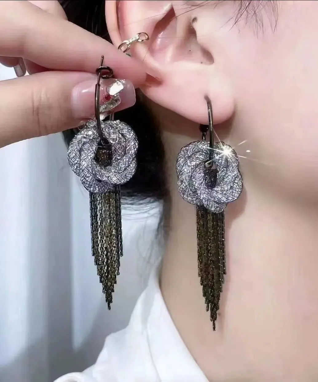 Fine Black Tulle Inlaid Zircon Flowar Tassel Drop Earrings LY9015