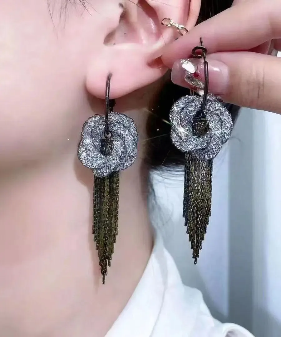 Fine Black Tulle Inlaid Zircon Flowar Tassel Drop Earrings LY9015