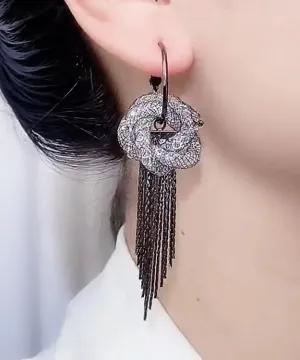 Fine Black Tulle Inlaid Zircon Flowar Tassel Drop Earrings LY9015