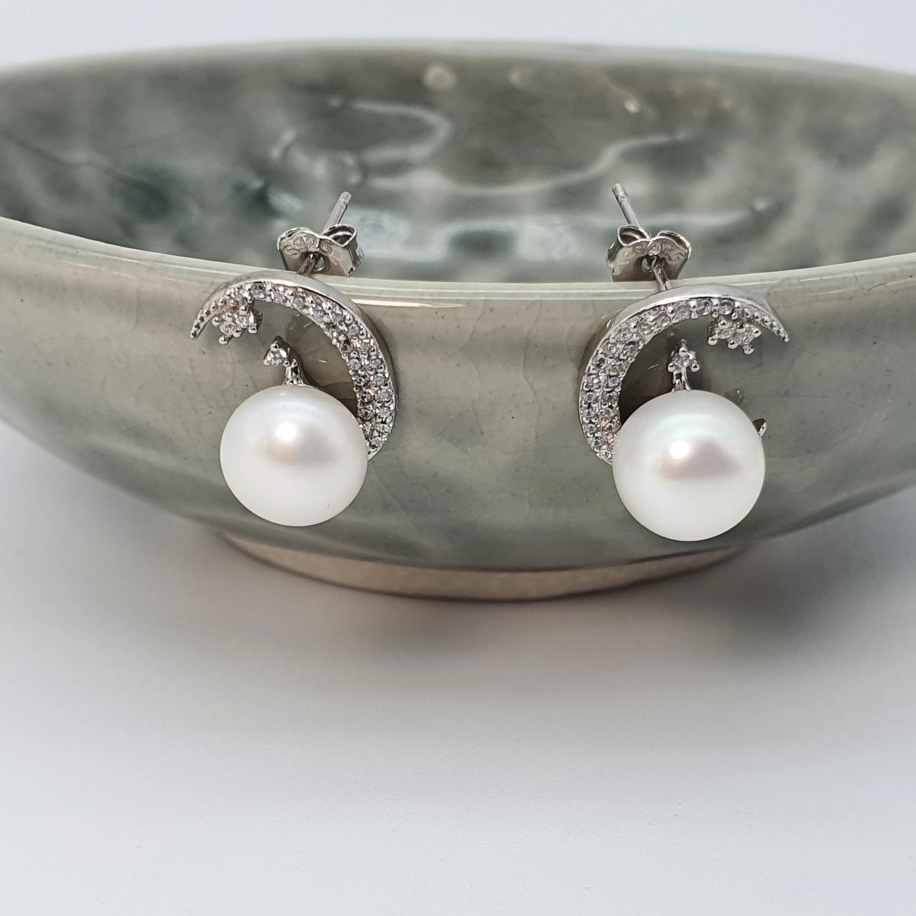 Freshwater Pearl Moon & Star Earring, Sterling Silver