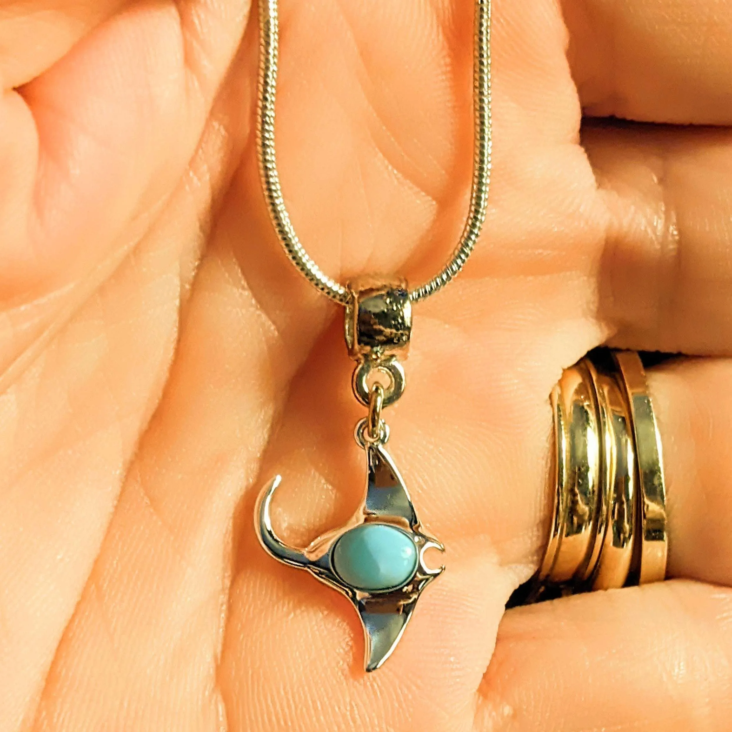 Genuine Larimar Manta Ray necklace - .925 Sterling Silver - 24 inch