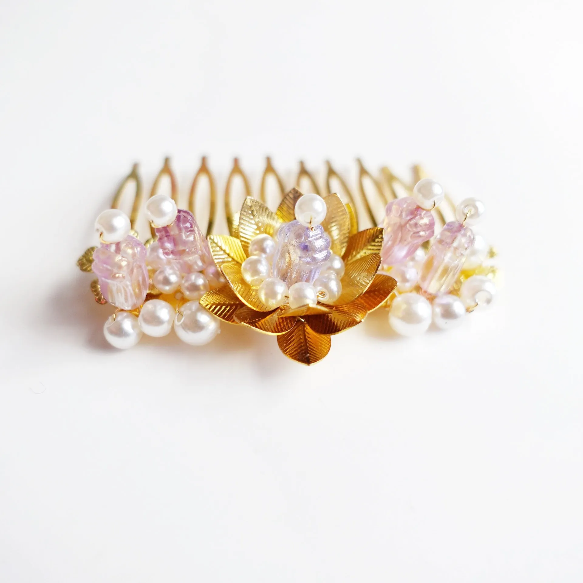 Gold and Pink Lotus Tiara Comb