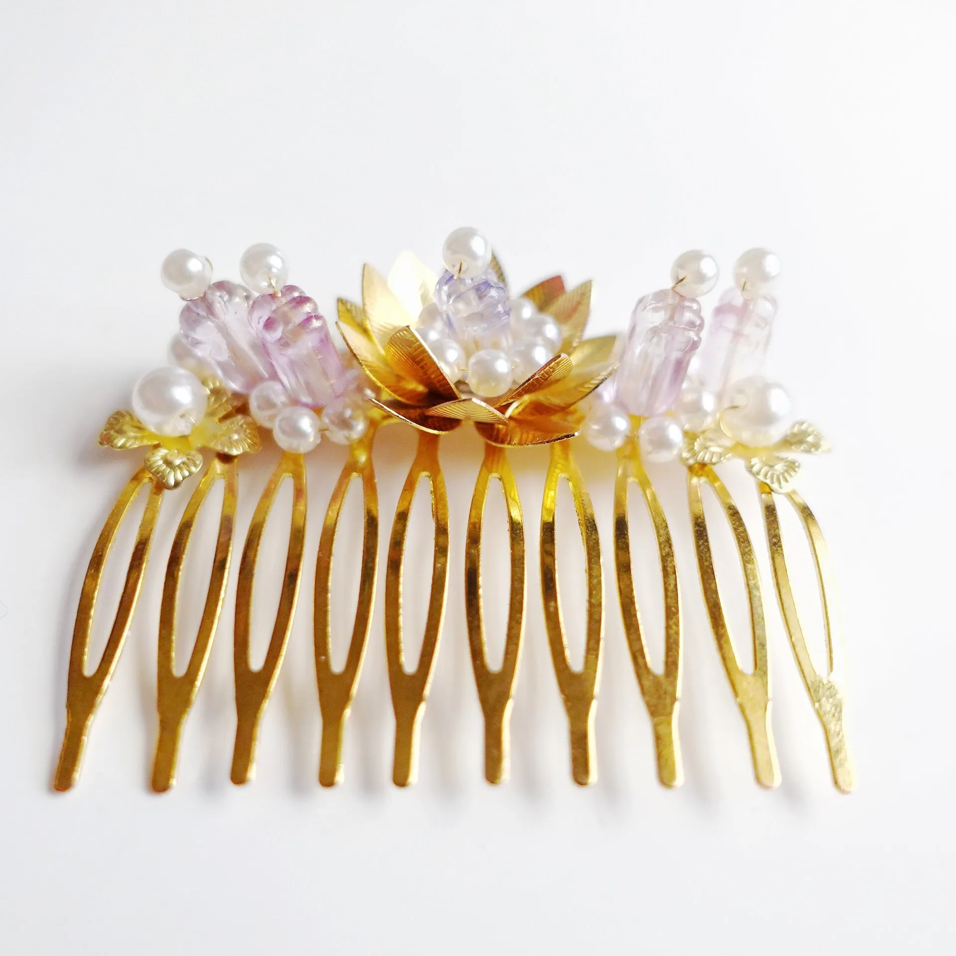 Gold and Pink Lotus Tiara Comb