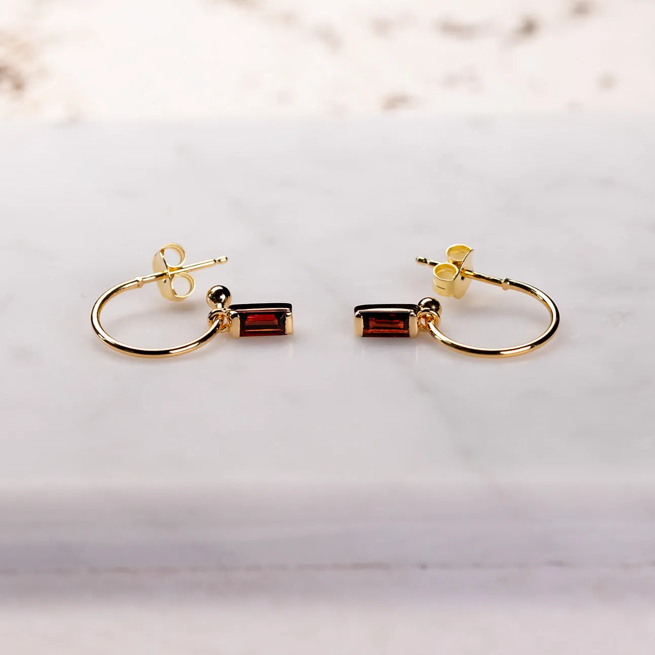 Gold Vermeil Garnet Baguette Mini Hoop Earrings