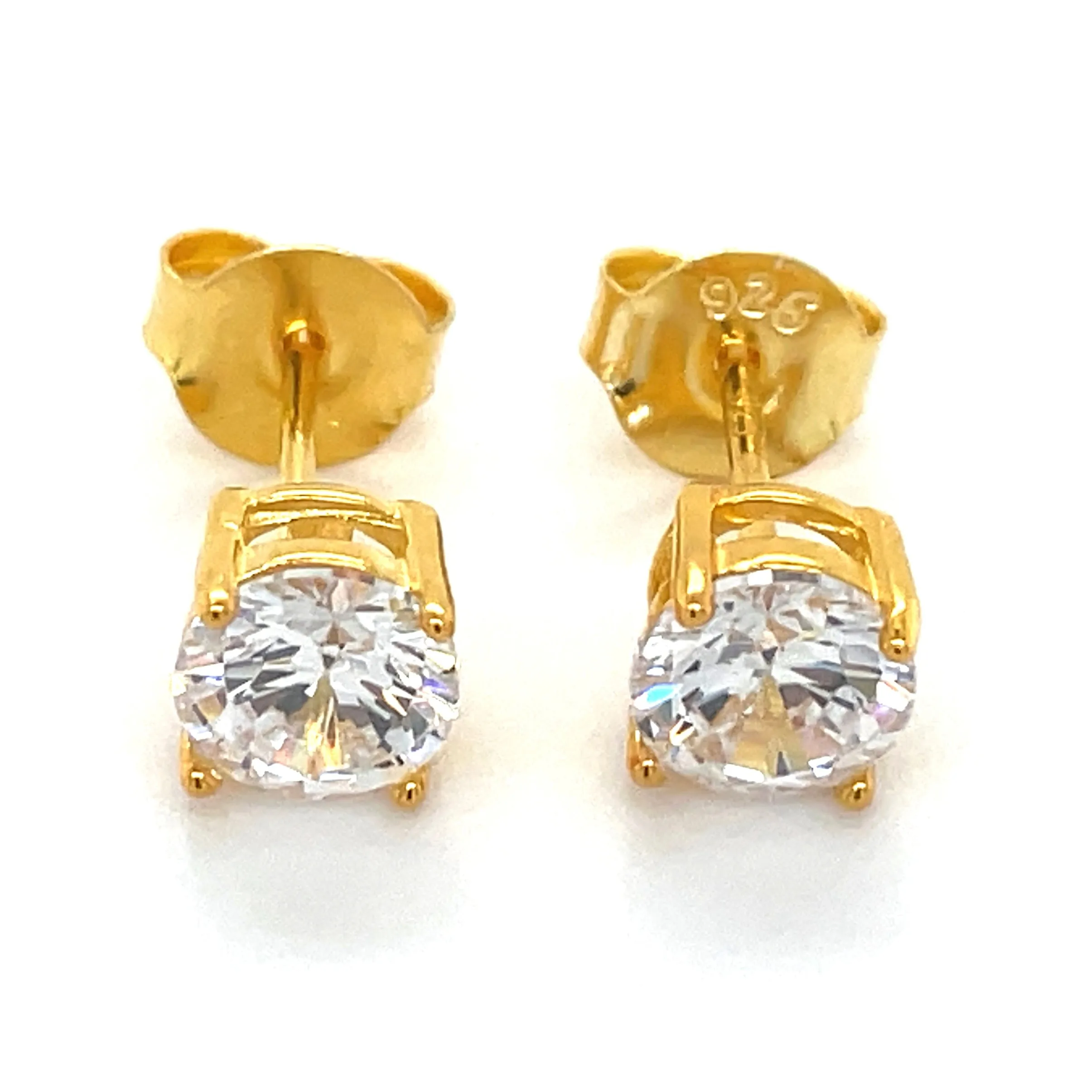 Golden Four Claw Round Cz Stud Earrings