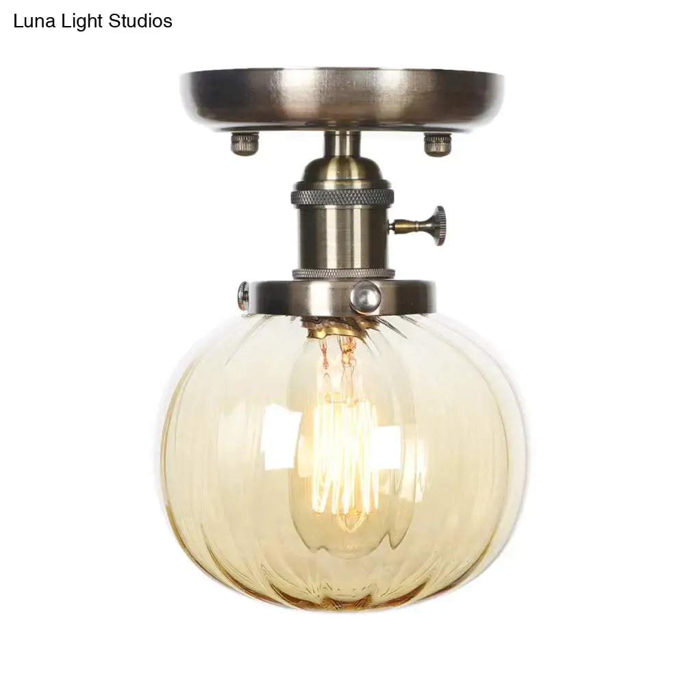 Industrial Bronze Globe Semi Flush Light with Clear/Amber Glass - Indoor Lighting Fixture