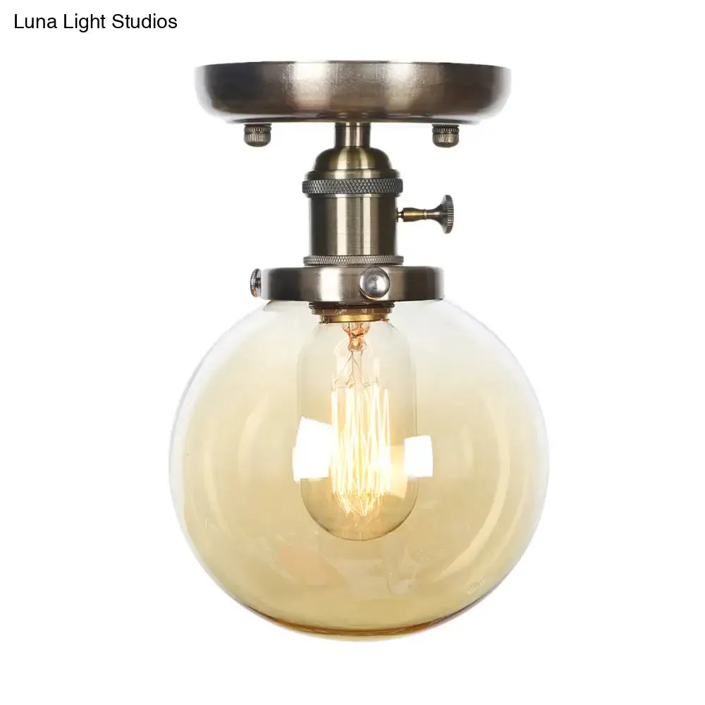 Industrial Bronze Globe Semi Flush Light with Clear/Amber Glass - Indoor Lighting Fixture