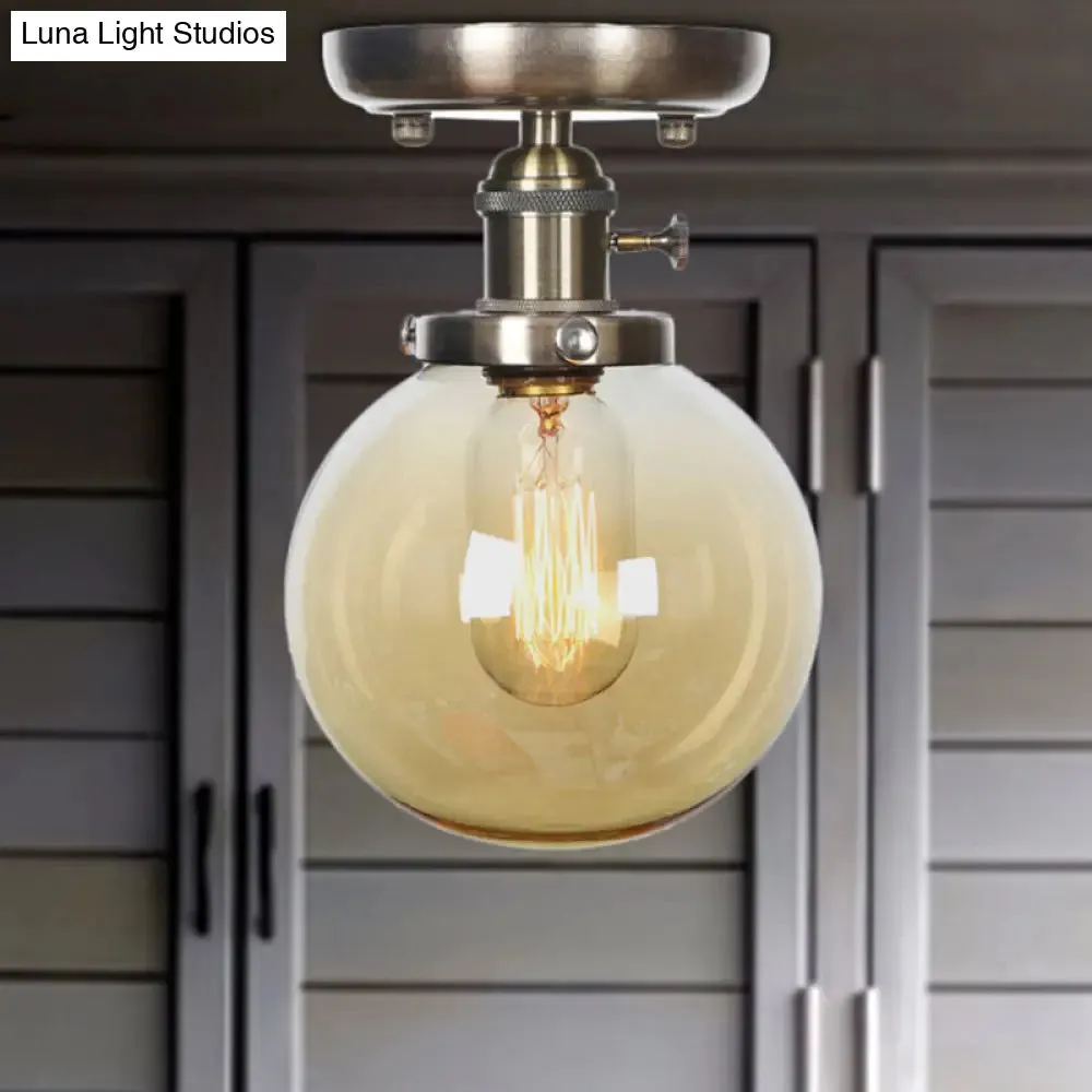 Industrial Bronze Globe Semi Flush Light with Clear/Amber Glass - Indoor Lighting Fixture