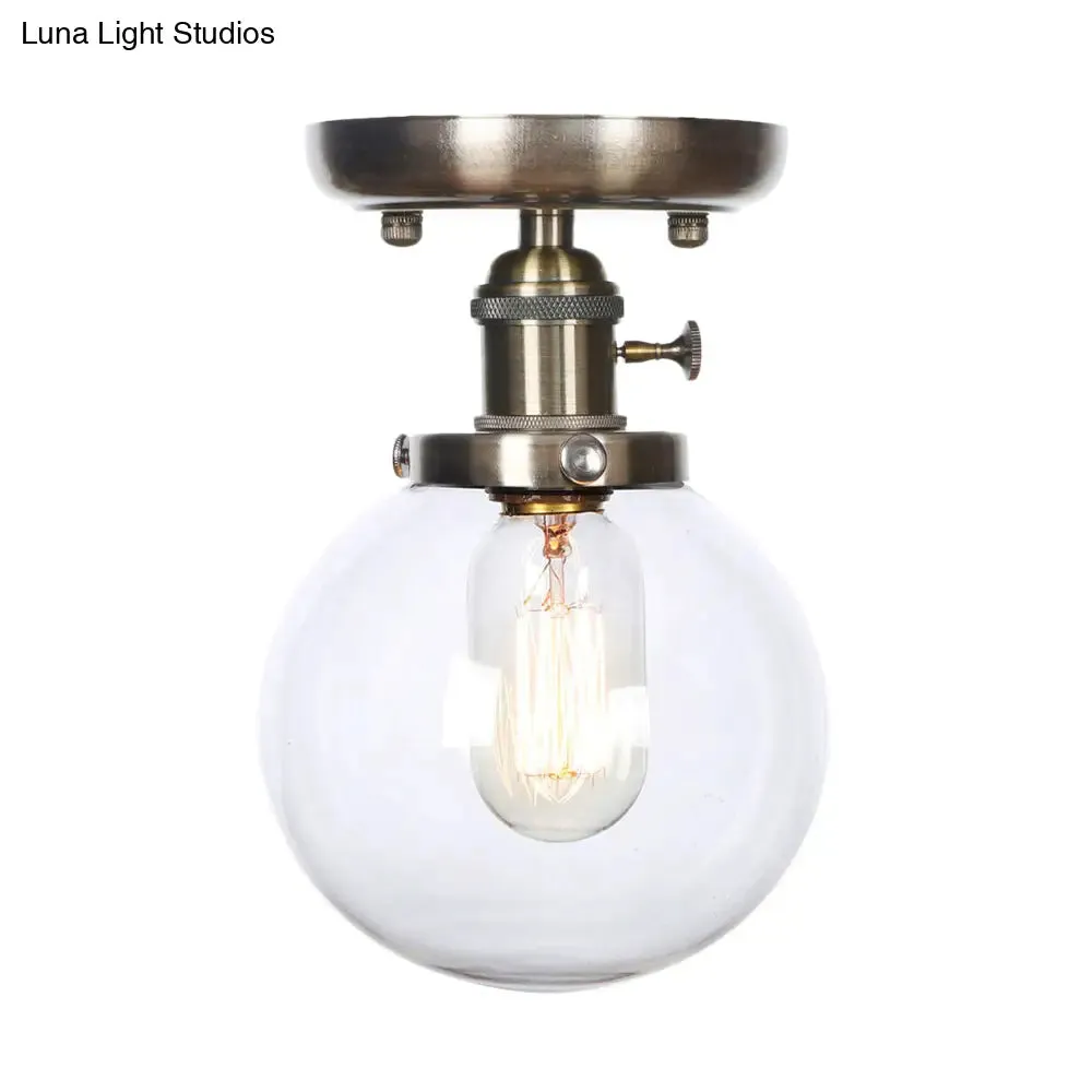 Industrial Bronze Globe Semi Flush Light with Clear/Amber Glass - Indoor Lighting Fixture