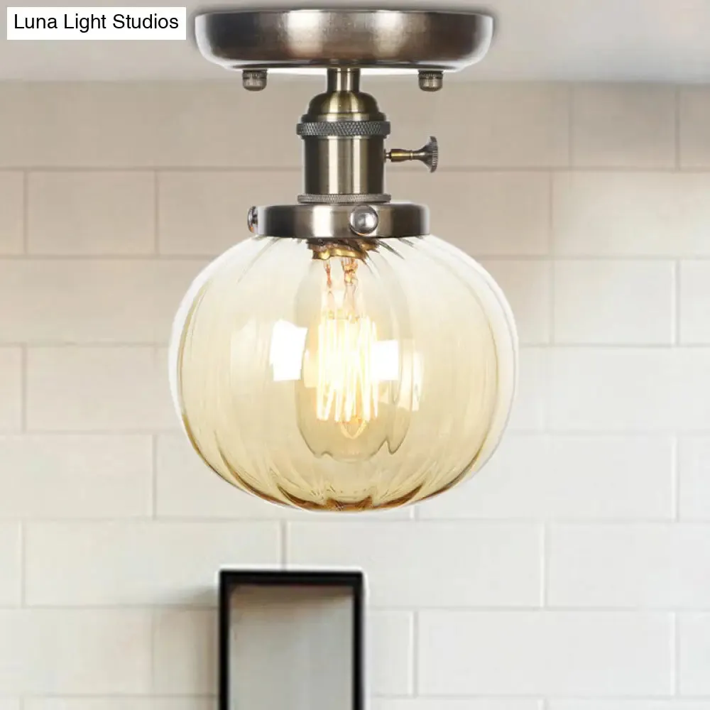 Industrial Bronze Globe Semi Flush Light with Clear/Amber Glass - Indoor Lighting Fixture