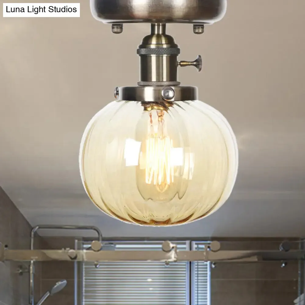 Industrial Bronze Globe Semi Flush Light with Clear/Amber Glass - Indoor Lighting Fixture