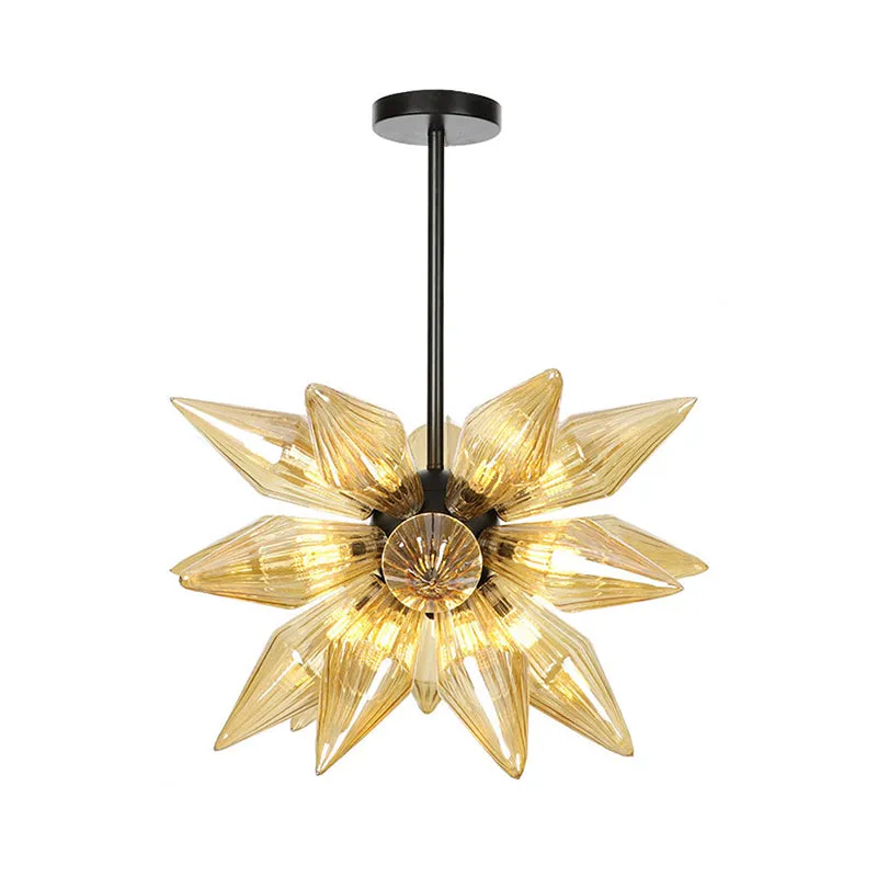 Industrial Pendant Chandelier with Amber/Clear Ribbed Glass and Starburst Design - 9/12/15 Heads for Bedroom