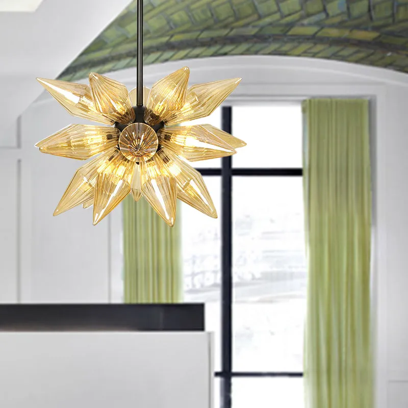 Industrial Pendant Chandelier with Amber/Clear Ribbed Glass and Starburst Design - 9/12/15 Heads for Bedroom