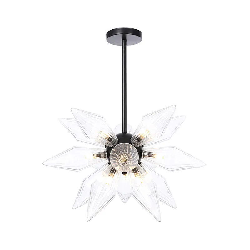 Industrial Pendant Chandelier with Amber/Clear Ribbed Glass and Starburst Design - 9/12/15 Heads for Bedroom