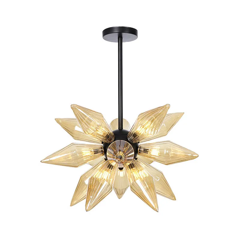 Industrial Pendant Chandelier with Amber/Clear Ribbed Glass and Starburst Design - 9/12/15 Heads for Bedroom