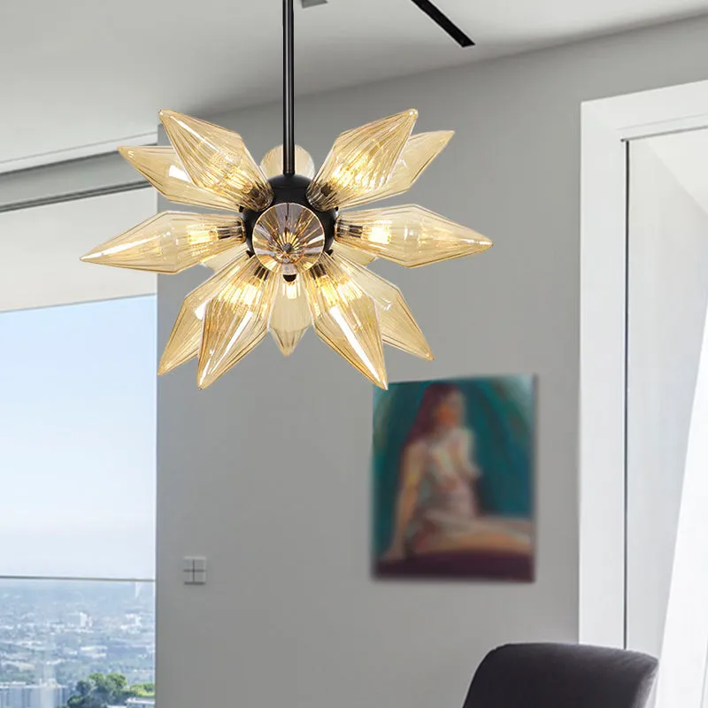 Industrial Pendant Chandelier with Amber/Clear Ribbed Glass and Starburst Design - 9/12/15 Heads for Bedroom