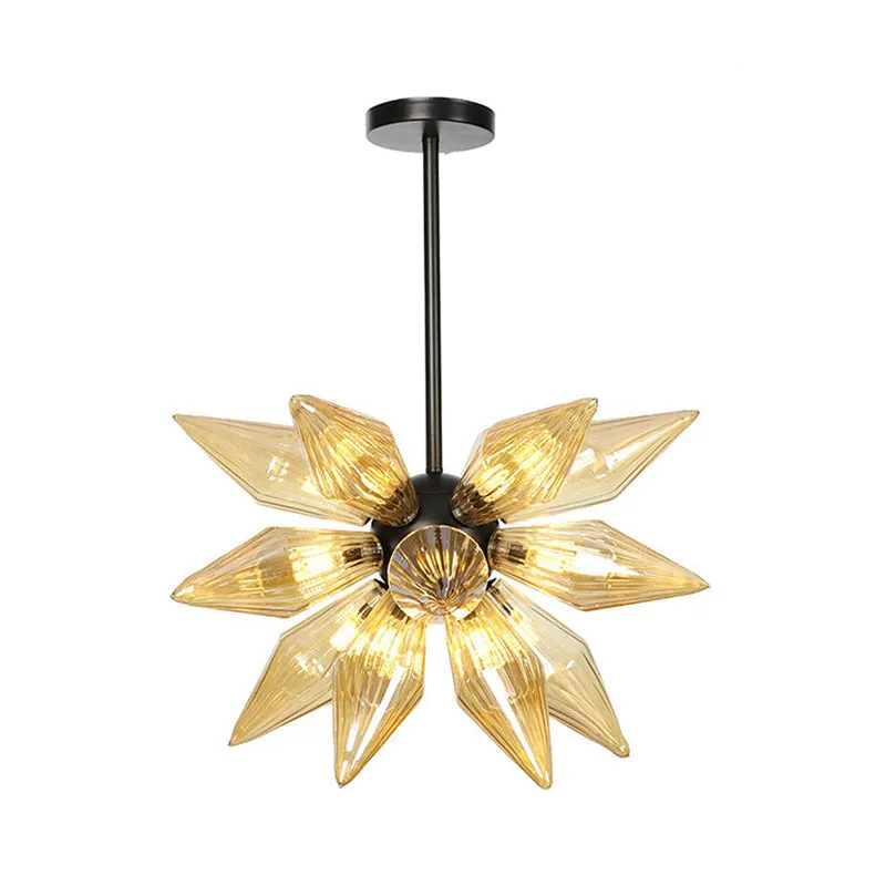 Industrial Pendant Chandelier with Amber/Clear Ribbed Glass and Starburst Design - 9/12/15 Heads for Bedroom