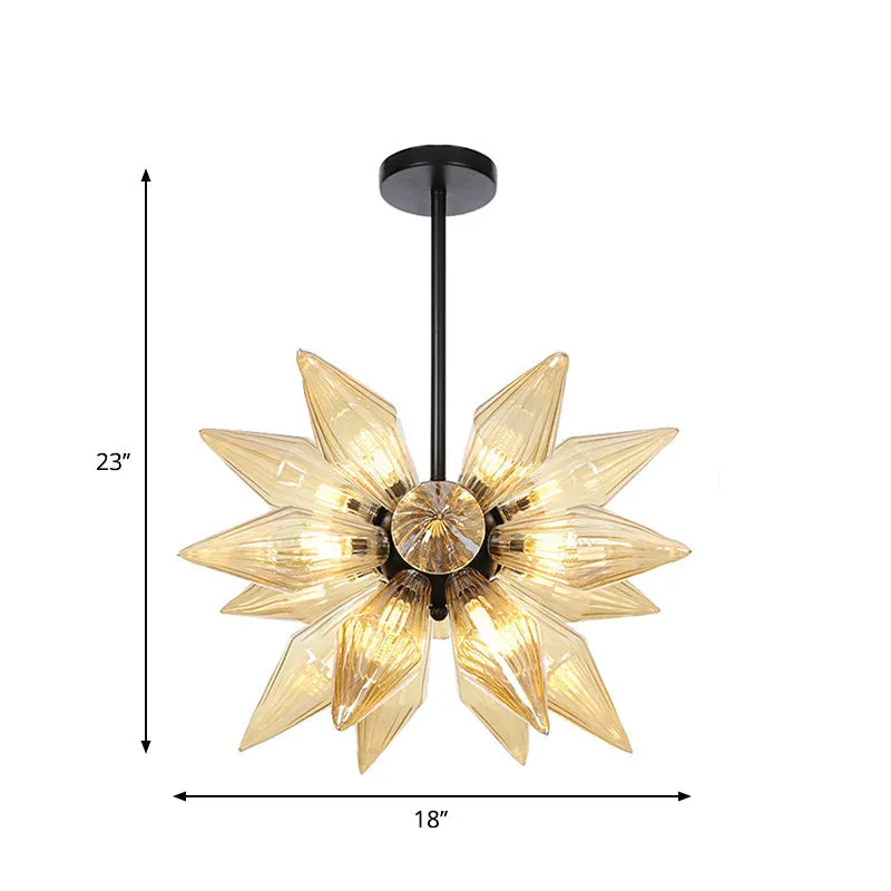 Industrial Pendant Chandelier with Amber/Clear Ribbed Glass and Starburst Design - 9/12/15 Heads for Bedroom