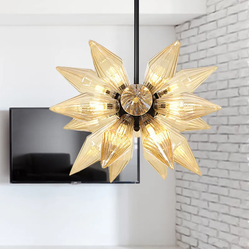 Industrial Pendant Chandelier with Amber/Clear Ribbed Glass and Starburst Design - 9/12/15 Heads for Bedroom