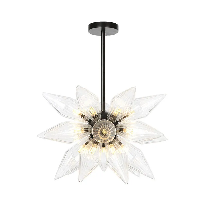 Industrial Pendant Chandelier with Amber/Clear Ribbed Glass and Starburst Design - 9/12/15 Heads for Bedroom