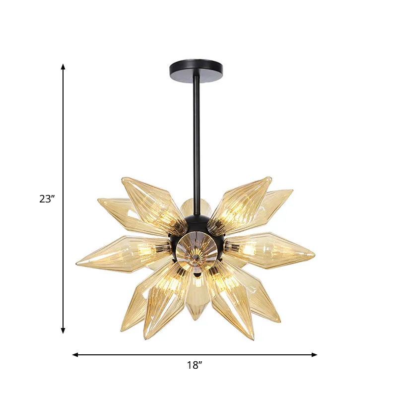 Industrial Pendant Chandelier with Amber/Clear Ribbed Glass and Starburst Design - 9/12/15 Heads for Bedroom