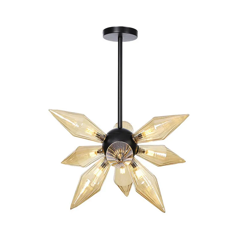 Industrial Pendant Chandelier with Amber/Clear Ribbed Glass and Starburst Design - 9/12/15 Heads for Bedroom