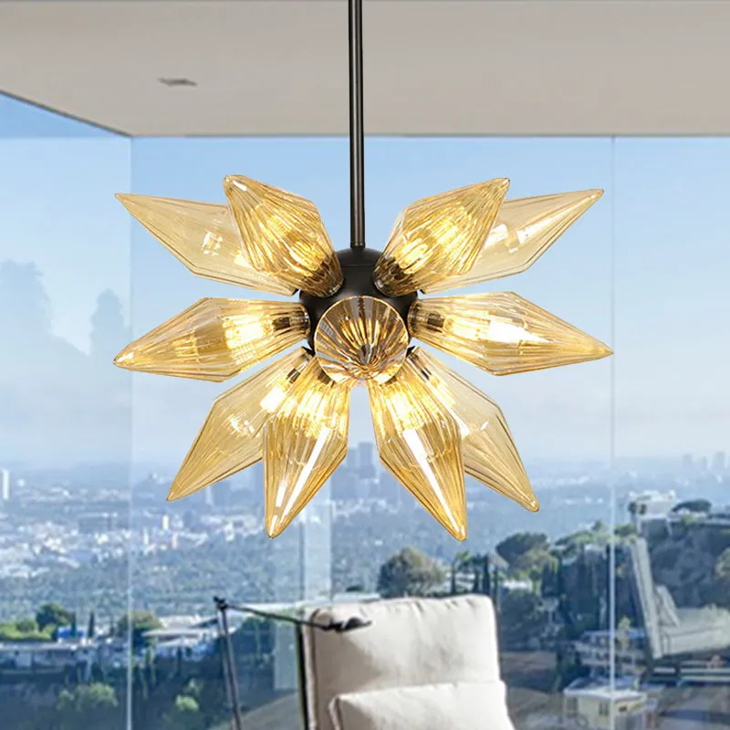 Industrial Pendant Chandelier with Amber/Clear Ribbed Glass and Starburst Design - 9/12/15 Heads for Bedroom