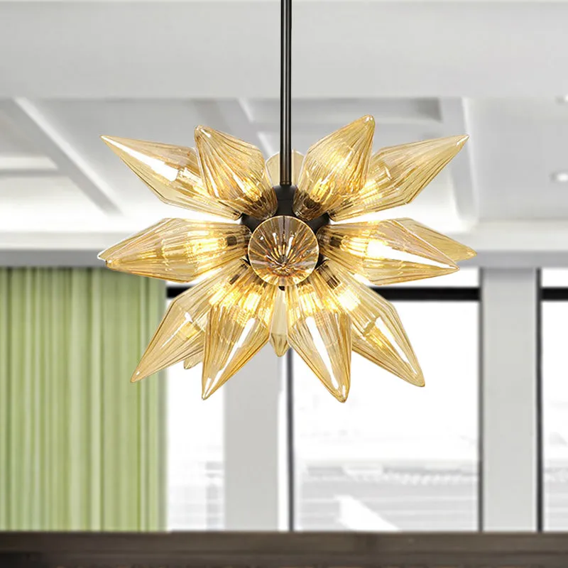 Industrial Pendant Chandelier with Amber/Clear Ribbed Glass and Starburst Design - 9/12/15 Heads for Bedroom