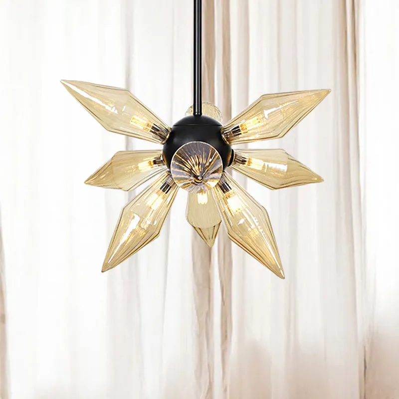 Industrial Pendant Chandelier with Amber/Clear Ribbed Glass and Starburst Design - 9/12/15 Heads for Bedroom