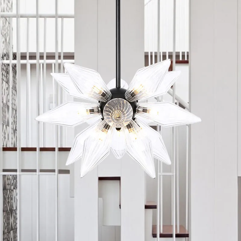 Industrial Pendant Chandelier with Amber/Clear Ribbed Glass and Starburst Design - 9/12/15 Heads for Bedroom