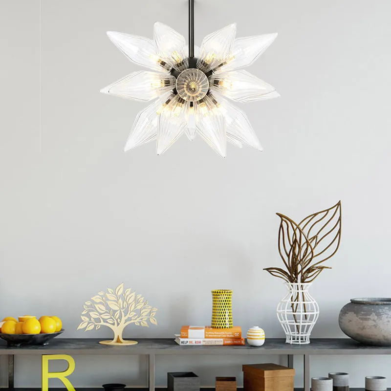 Industrial Pendant Chandelier with Amber/Clear Ribbed Glass and Starburst Design - 9/12/15 Heads for Bedroom