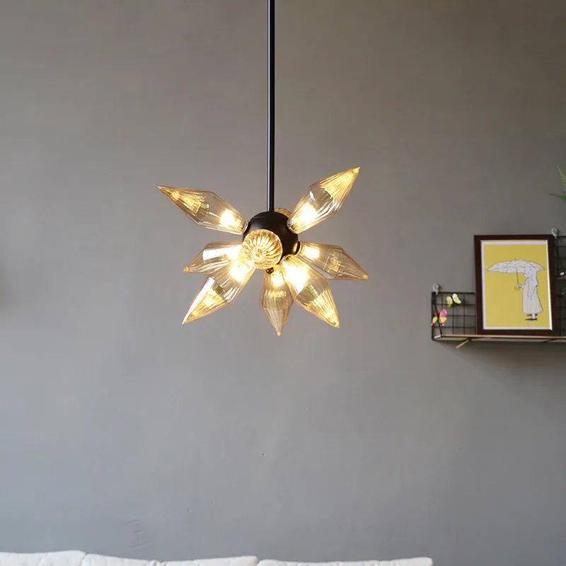 Industrial Pendant Chandelier with Amber/Clear Ribbed Glass and Starburst Design - 9/12/15 Heads for Bedroom